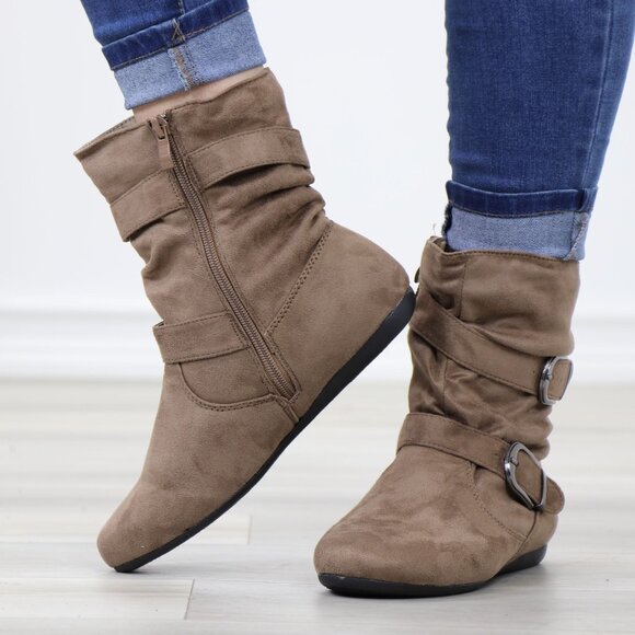 Taupe Faux Leather Slouch Ankle Boots Side Zipper Buckle Strap Flat Sole - Picture 12 of 12